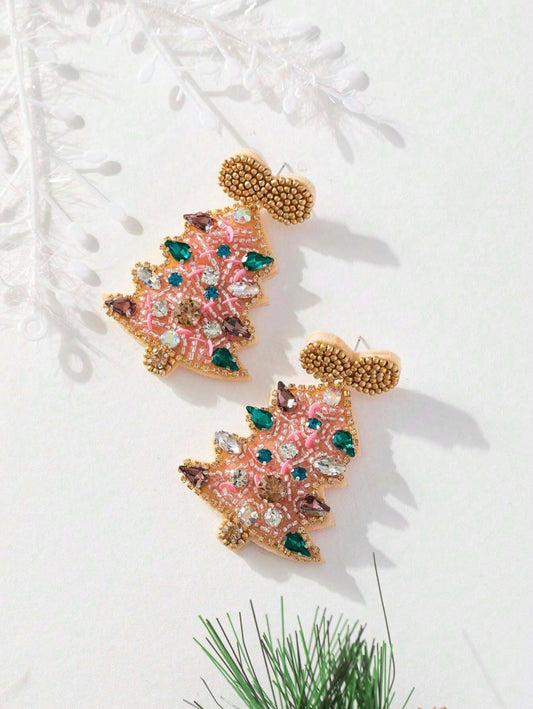 Pink Beaded Christmas Tree Earrings - The Velvet Strand