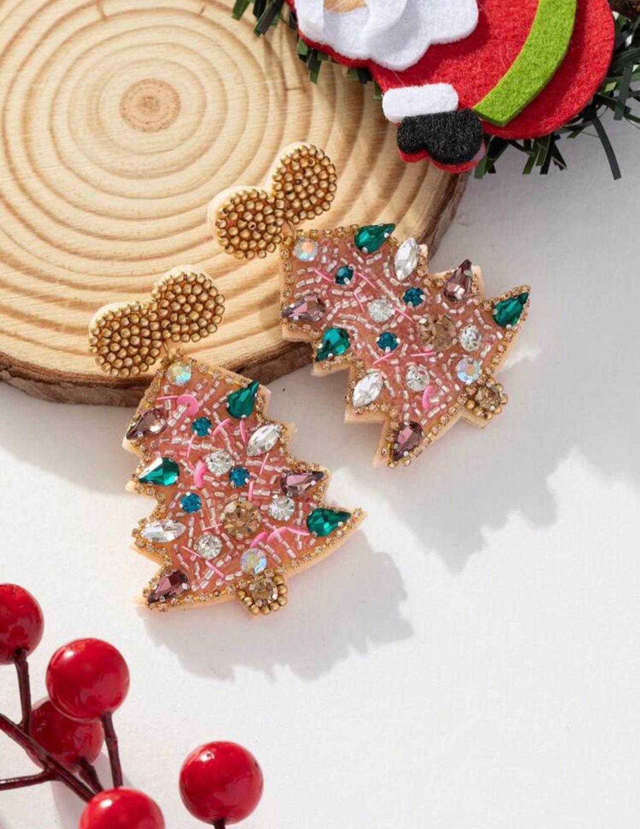 Pink Beaded Christmas Tree Earrings - The Velvet Strand