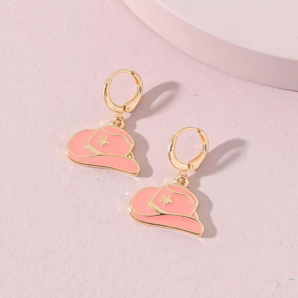 Cowboy Hat Earrings Nashville Earrings Girls Night Bachelorette Party Earrings Pink White Earrings Bridesmaids Nashville Trip - The Velvet Strand