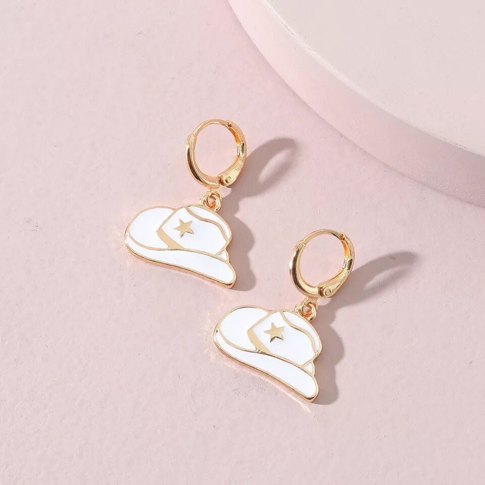 Cowboy Hat Earrings Nashville Earrings Girls Night Bachelorette Party Earrings Pink White Earrings Bridesmaids Nashville Trip - The Velvet Strand