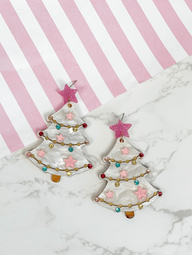 Pink Acrylic Christmas Tree Earrings - The Velvet Strand