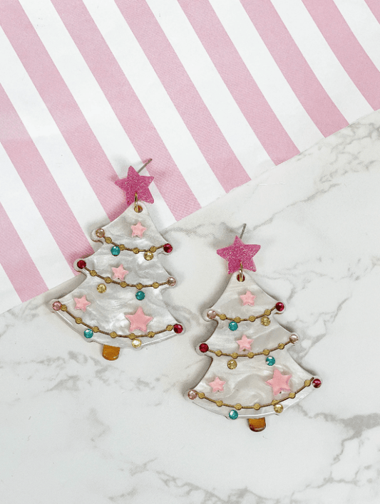 Pink Acrylic Christmas Tree Earrings - The Velvet Strand