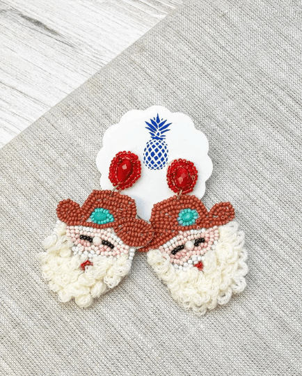 Santa Cowboy Hat Beaded Earrings - The Velvet Strand
